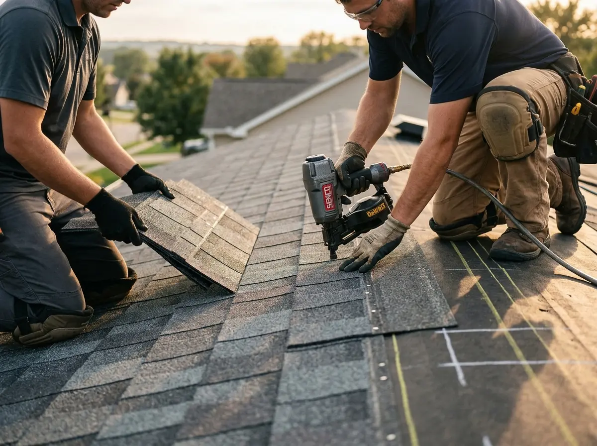 Professional roofer working on a residential roof in Wooster